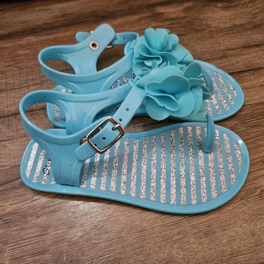 Stepping‎ Stones Girls Blue Jelly Sandals Flower Glitter Size 8